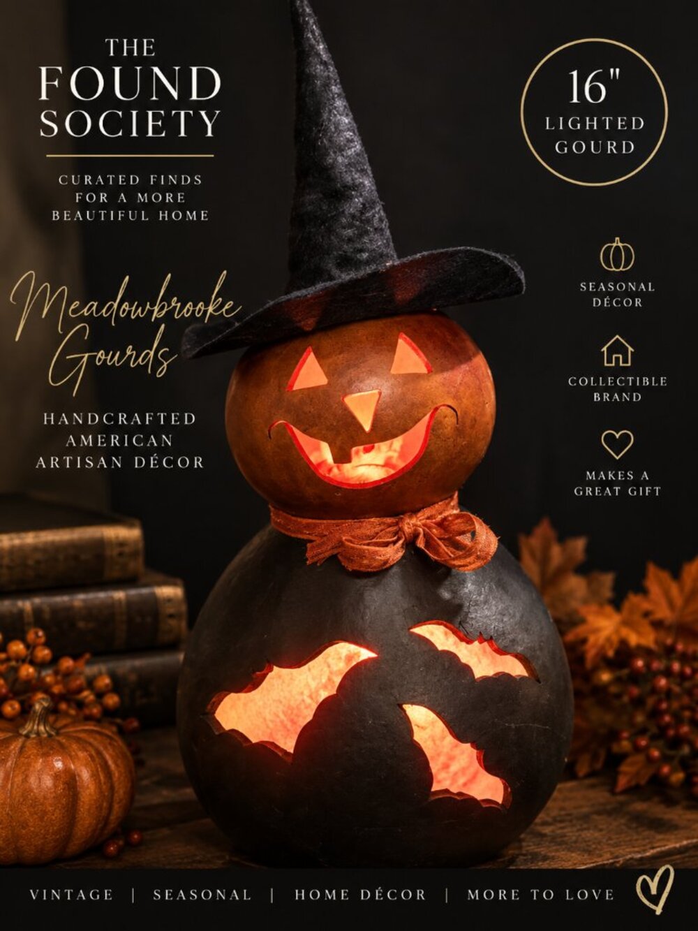 Meadowbrooke Gourds Lighted Velma Witch Bat Halloween Gourd 18"